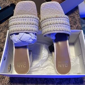 Madden NYC Classic Woven Raffia Rhinestone Flat Slide Sandals Women Size 8